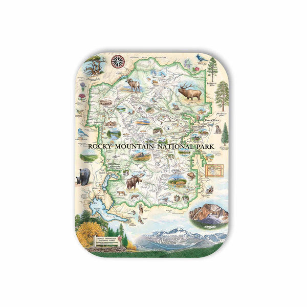 Medium Serving Tray Map of Rocky Mountain National Park with illustrations on a white background