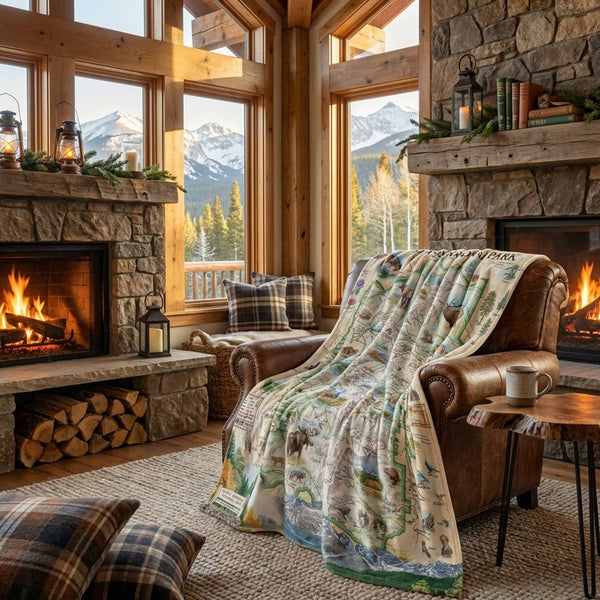 Cozy living room with stone fireplace, wooden furniture, and mountain view.