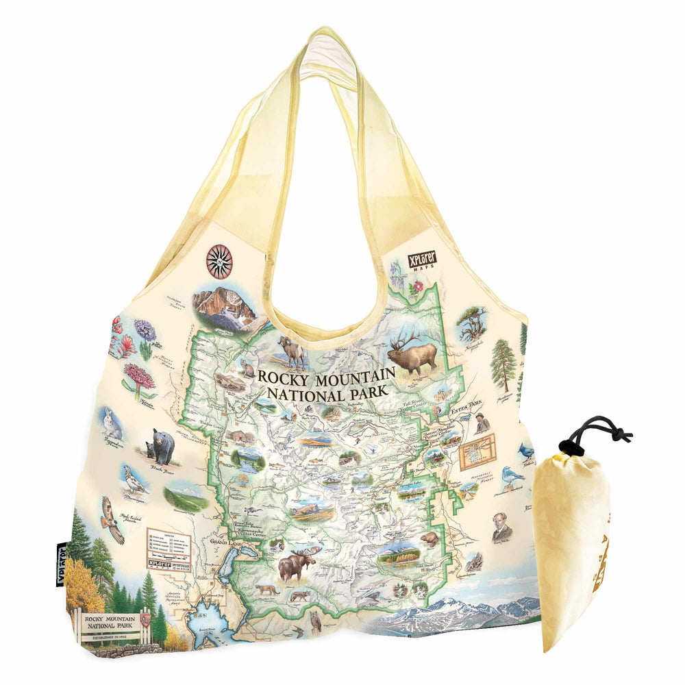 Rocky Mountain National Park Map Pouch Tote Bags by Xplorer Maps. The map features illustrations of places like Trail Ridge Road, Mount Ganby, Estes Park, and the Alpine Visitor Center. Flora and fauna include bobcats, snowshoe hares, Indian paintbrushes, and wild roses.