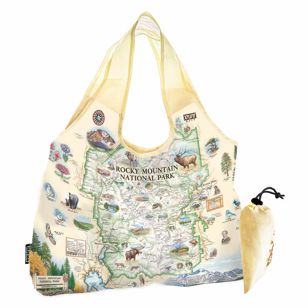 Rocky Mountain National Park Map Pouch Tote Bags by Xplorer Maps. The map features illustrations of places like Trail Ridge Road, Mount Ganby, Estes Park, and the Alpine Visitor Center. Flora and fauna include bobcats, snowshoe hares, Indian paintbrushes, and wild roses.