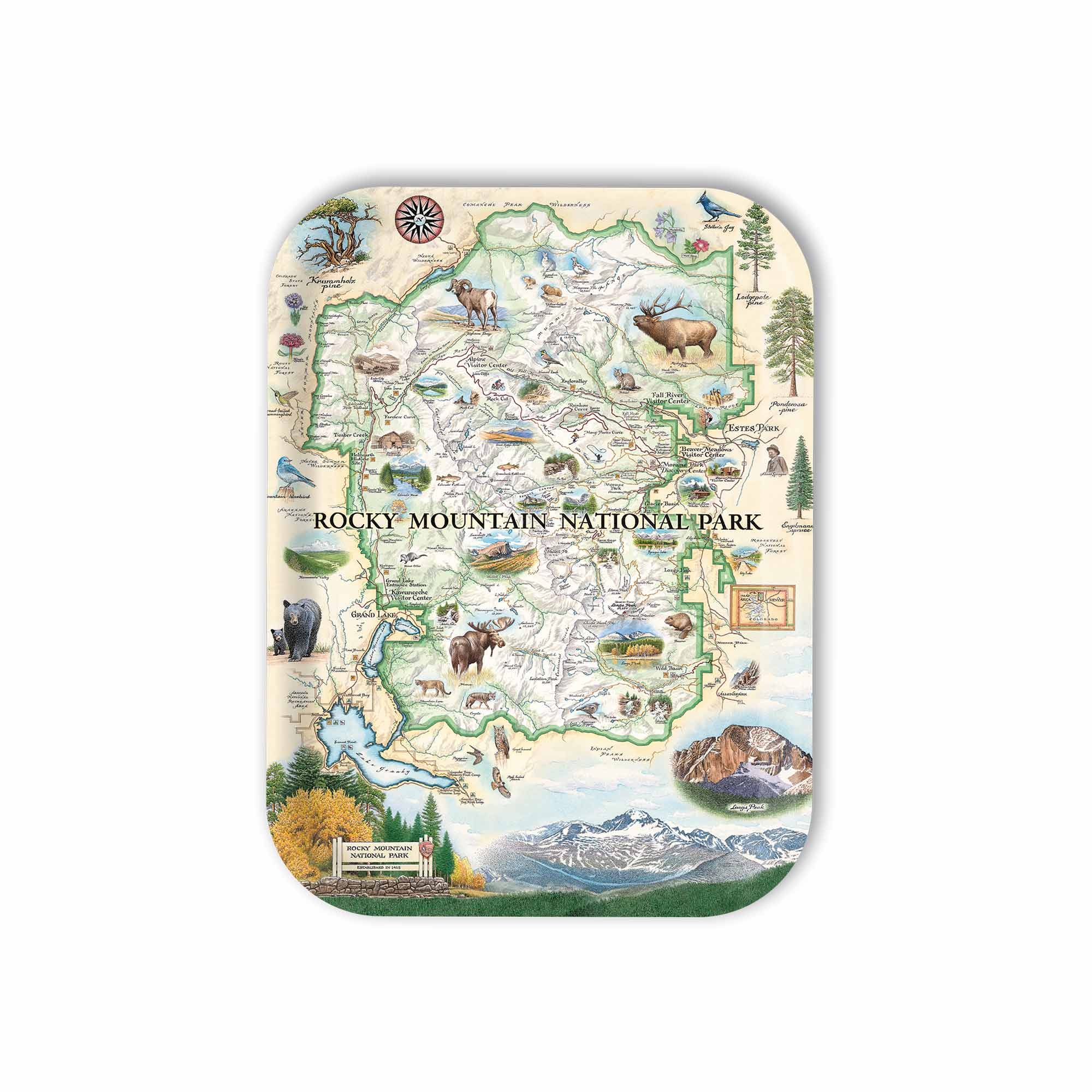 Medium Serving Tray Map of Rocky Mountain National Park with illustrations on a white background