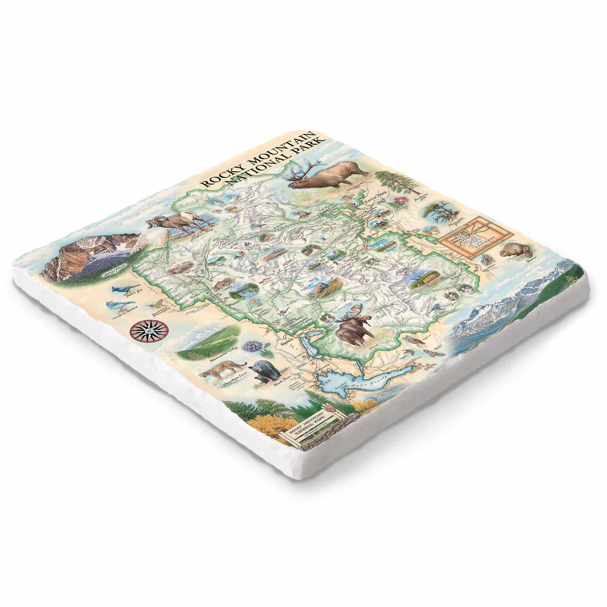 Rocky Mountain National Park marble trivet with illustrated map by Xplorer Maps – 6x6.