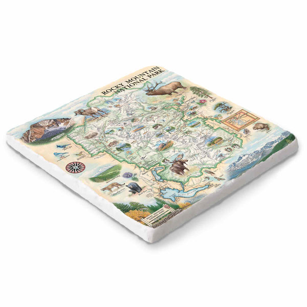Rocky Mountain National Park marble trivet with illustrated map by Xplorer Maps – 6x6.