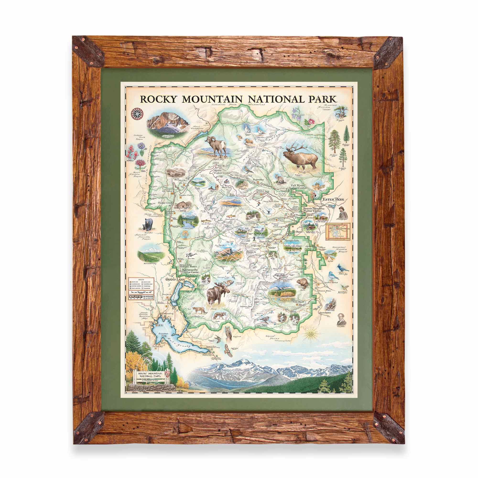 A framed vintage-style map of Rocky Mountain National Park, featuring a rustic brown wooden frame, olive green matting, and a detailed illustrated map with animals and landscape scenes.
