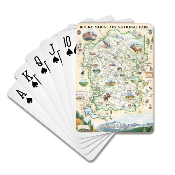 A fan of playing cards showing the front of the top card, which is a detailed illustrated map of Rocky Mountain National Park. The visible cards include Ace through Ten of Spades on a clean white background.