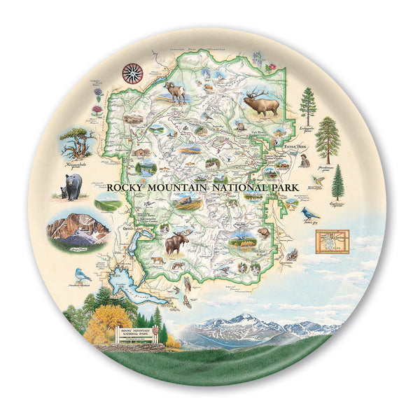 Round Serving TrayMap of Rocky Mountain National Park with illustrations of animals and landscapes.