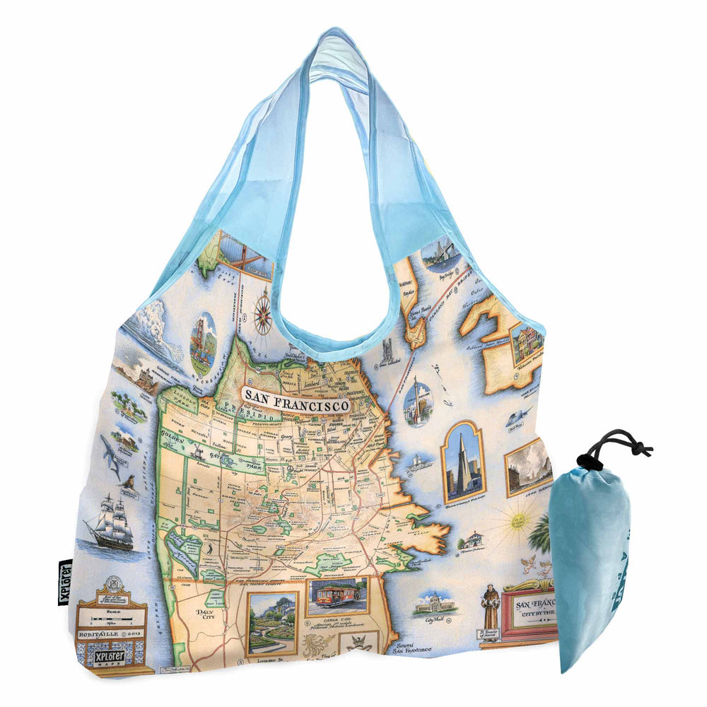 San Francisco Bay Map Pouch Tote Bags by Xplorer Maps. The map features illustrations of places such as Candlestick Park, Fisherman's Wharf, Transamerica Pyramid, and Alcatraz Island. Flora and fauna include octopus, crab, palm trees, and a dahlia. 
