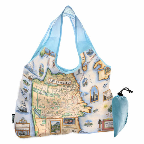 San Francisco Bay Map Pouch Tote Bags by Xplorer Maps. The map features illustrations of places such as Candlestick Park, Fisherman's Wharf, Transamerica Pyramid, and Alcatraz Island. Flora and fauna include octopus, crab, palm trees, and a dahlia. 