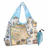 San Francisco Bay Map Pouch Tote Bags by Xplorer Maps. The map features illustrations of places such as Candlestick Park, Fisherman's Wharf, Transamerica Pyramid, and Alcatraz Island. Flora and fauna include octopus, crab, palm trees, and a dahlia. 