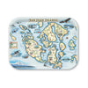 Medium Rectangle Serving Tray Map of San Juan Islands on a decorative tray with illustrations and text.