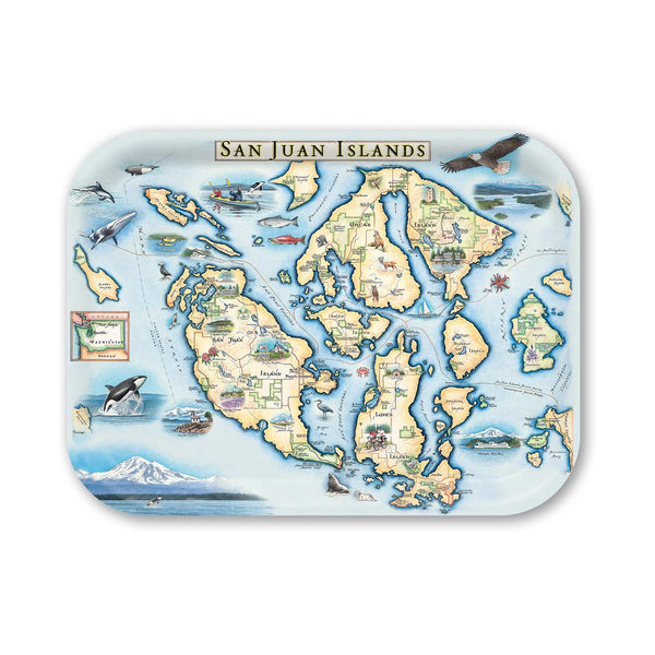 Medium Rectangle Serving Tray Map of San Juan Islands on a decorative tray with illustrations and text.