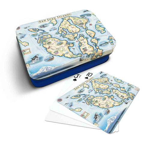 Monterey Bay playing cards in a metal case, with Jack, 10, and a card featuring the Monterey map on the backside.
