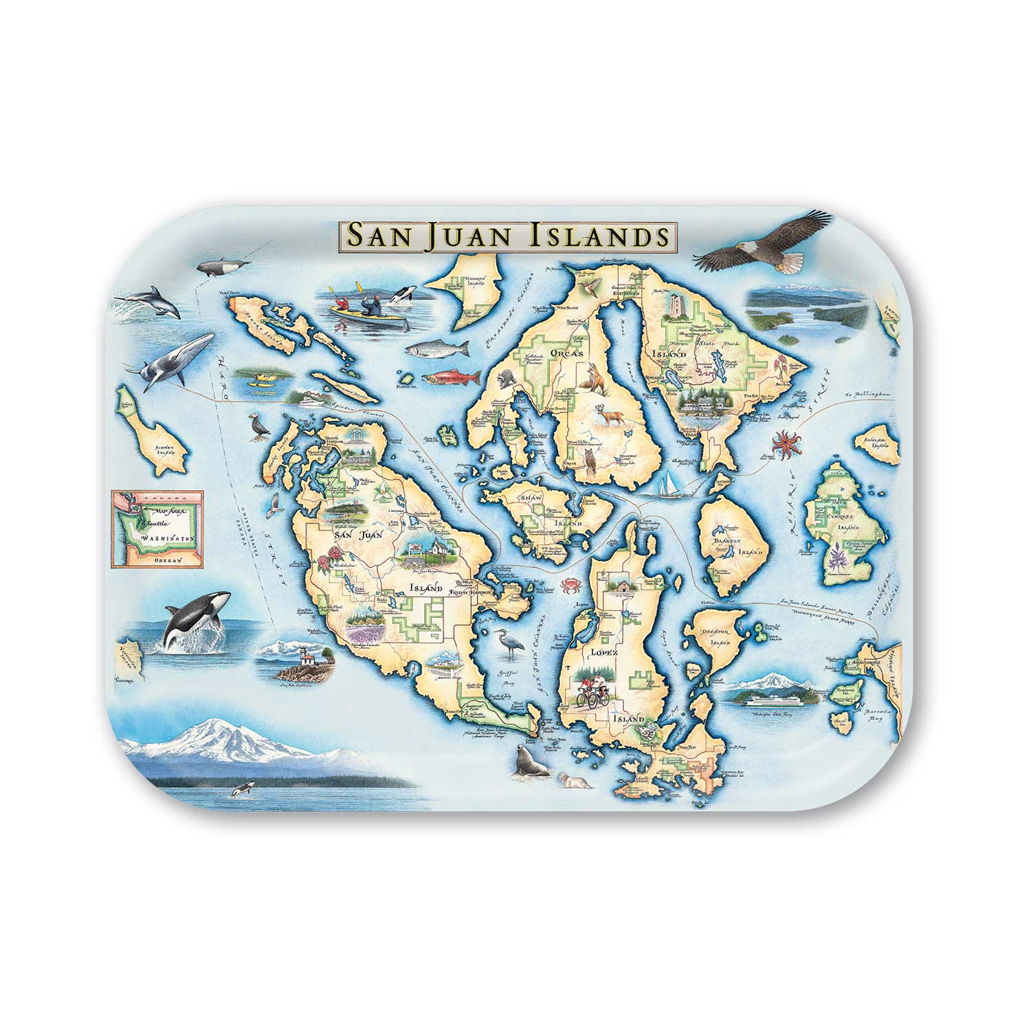 Medium Rectangle Serving Tray Map of San Juan Islands on a decorative tray with illustrations and text.