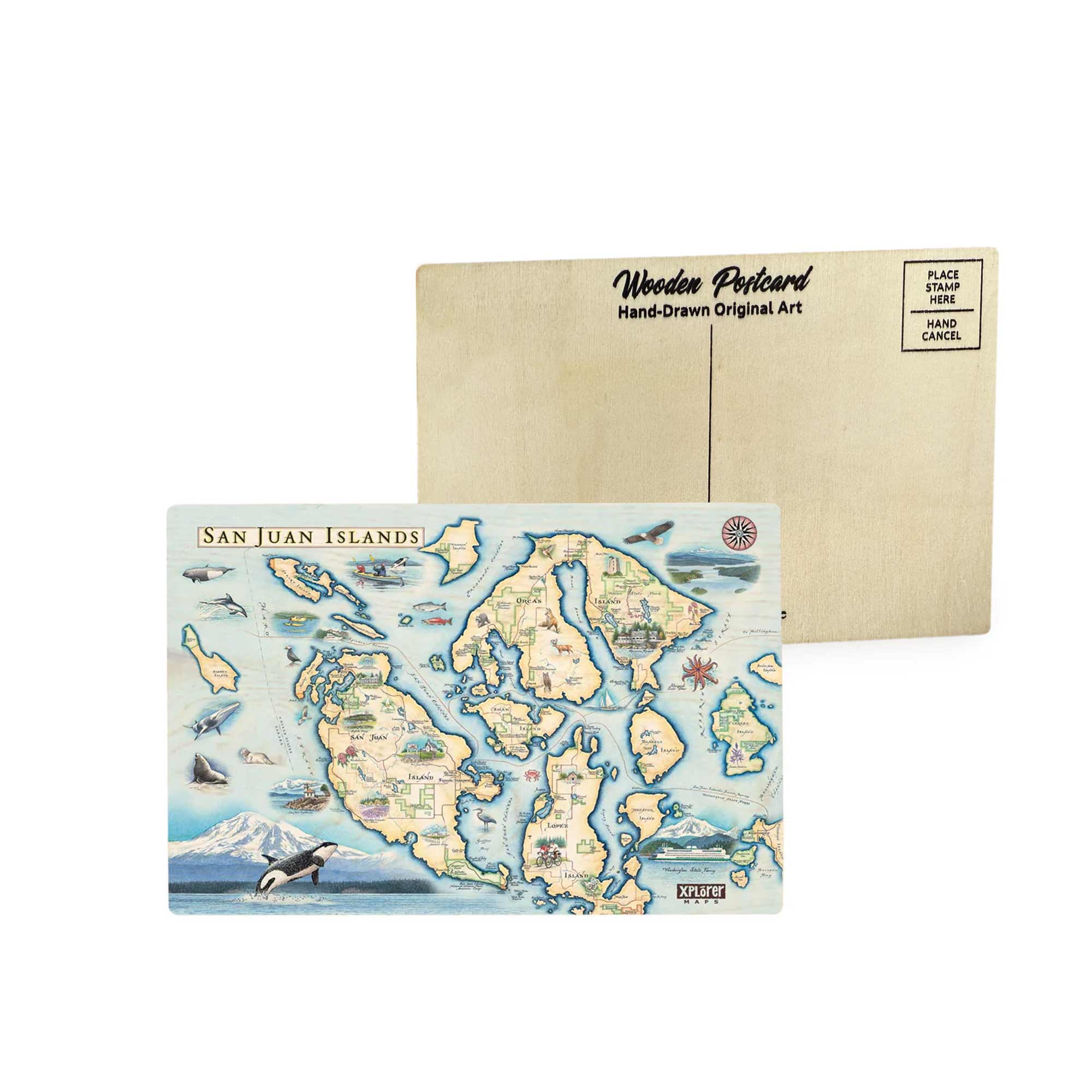 San Juan Islands wooden postcard in earth tone blues and greens featuring hand-drawn illustrations of island landmarks, orcas, sailboats, and lush coastal scenery.