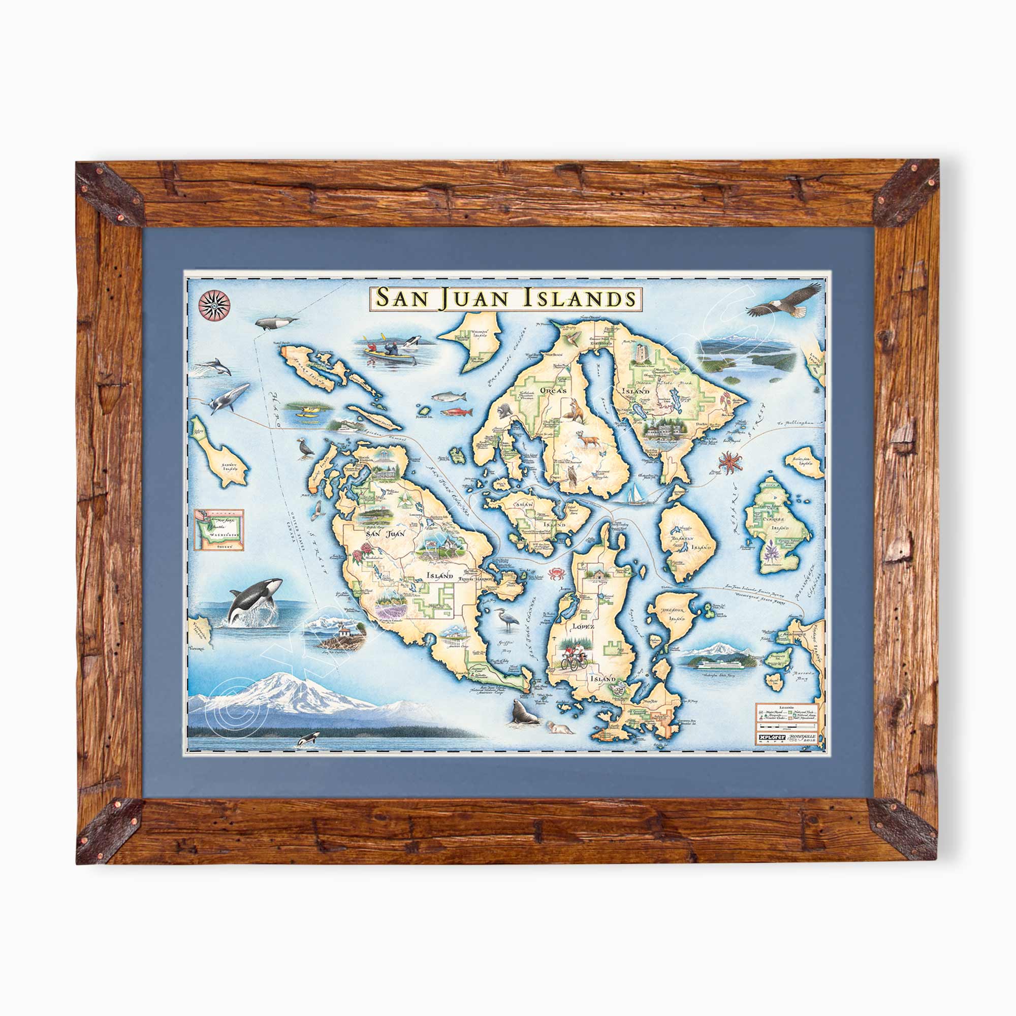 A framed San Juan Islands map print with a rustic brown wooden frame and a blue mat border, shown against a plain white background.