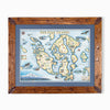 A framed San Juan Islands map print with a rustic brown wooden frame and a blue mat border, shown against a plain white background.