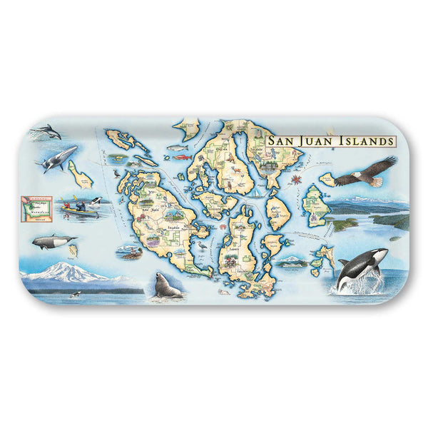 San Juan Small Serving Tray Map of the San Juan Islands with illustrations on a white background