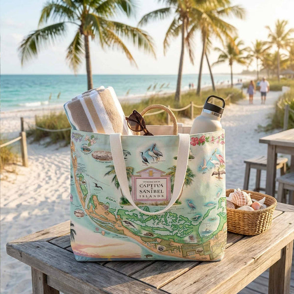 Beach bag with map design on a wooden table by the beach with palm trees and people in the background.