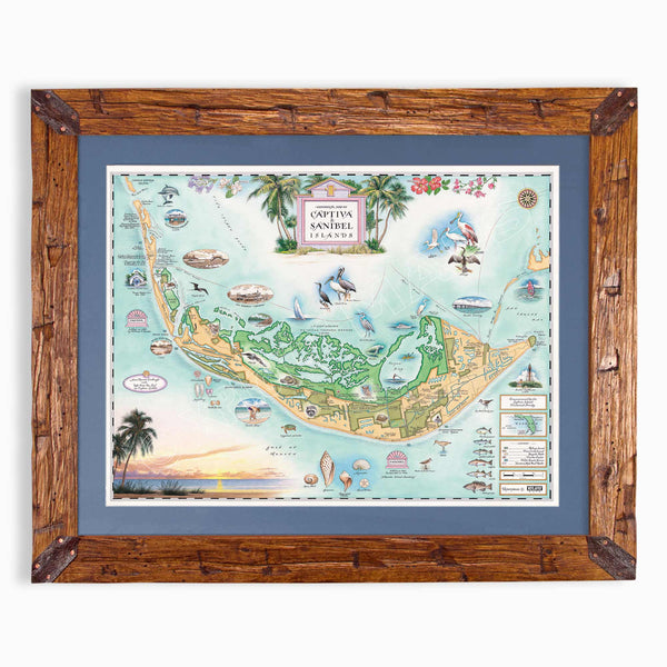 A framed vintage-style map print of Capetia, Nova Scotia, featuring a detailed illustrated island layout with palm trees, boats, landmarks, and a sunset along the coastline. The print is mounted with a blue mat inside a rustic brown wooden frame, shown against a plain white background.