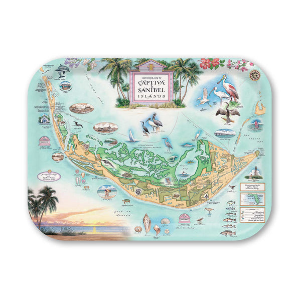 Medium Serving Tray Map of Captiva Island, Florida with scenic illustrations on a light blue background