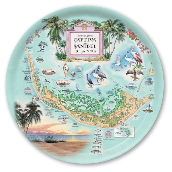 Large round serving tray map of Captiva Island, Sanibel Islands, featuring illustrations of nature and landmarks.
