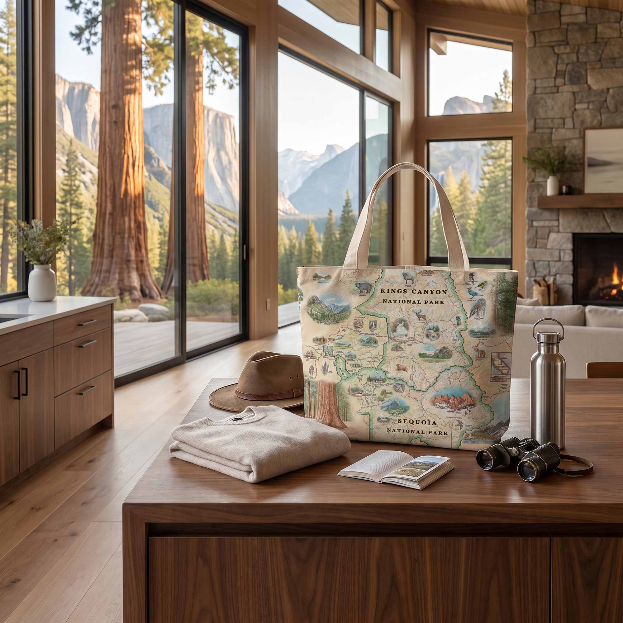 A canvas tote bag printed with a vintage-style map of Kings Canyon National Park stands on a wooden table in a modern lodge setting. The bag is styled with a tan hat, a folded cream shirt, a small notebook, and a stainless steel water bottle, with large windows in the background showing a mountain and tree landscape.
