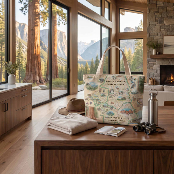A canvas tote bag printed with a vintage-style map of Kings Canyon National Park stands on a wooden table in a modern lodge setting. The bag is styled with a tan hat, a folded cream shirt, a small notebook, and a stainless steel water bottle, with large windows in the background showing a mountain and tree landscape.