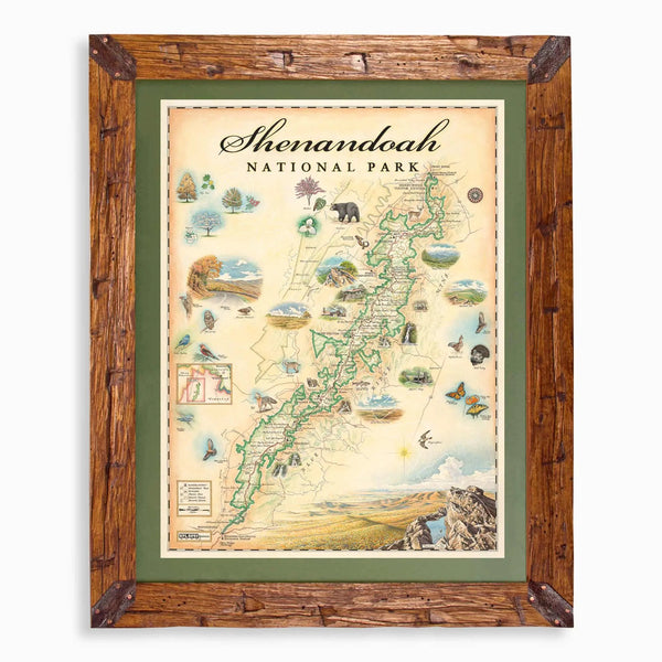 A framed Shenandoah National Park vintage-style map print with a rustic brown wooden frame, olive green mat, and detailed illustrated map on a light background.