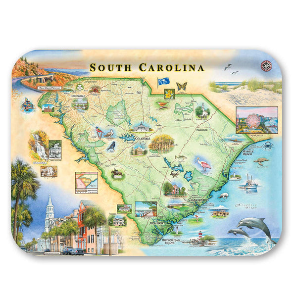 Large Rectangle Serving Tray Map of South Carolina with various attractions and landmarks on a white background