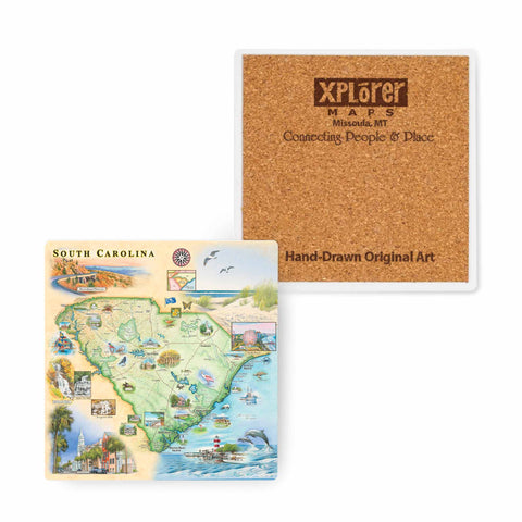 South Carolina Map Ceramic Mug featuring hand-drawn map artwork by Xplorer Maps, showcasing the state’s landscapes and landmarks.