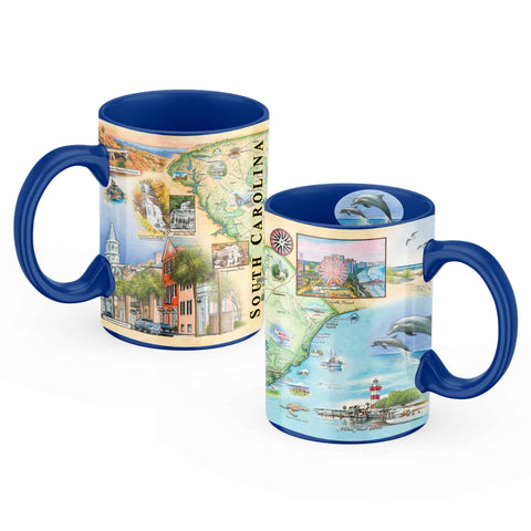 South Carolina Map Ceramic Mug  front and back featuring hand-drawn map artwork by Xplorer Maps, showcasing the state's landscapes and landmarks.