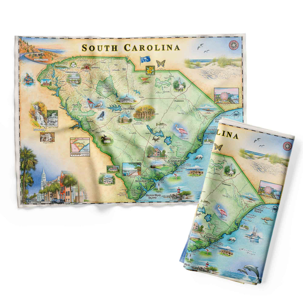 South Carolina Map Kitchen Towel featuring hand-drawn map design showcasing the state’s landmarks and beauty.