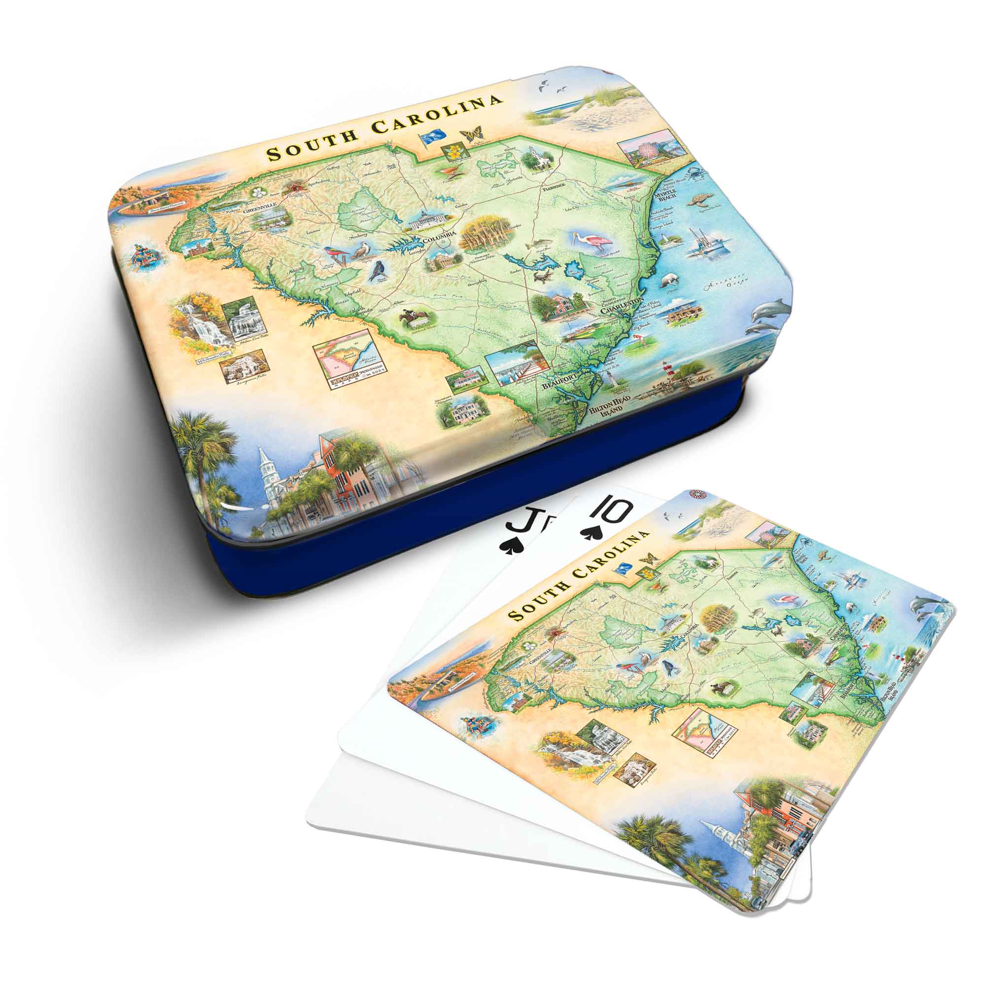 For the playing cards case with three cards laid flat (jack, 10, and one card back with map): South Carolina playing cards displayed in a metal case, featuring hand-drawn map art on the card back.