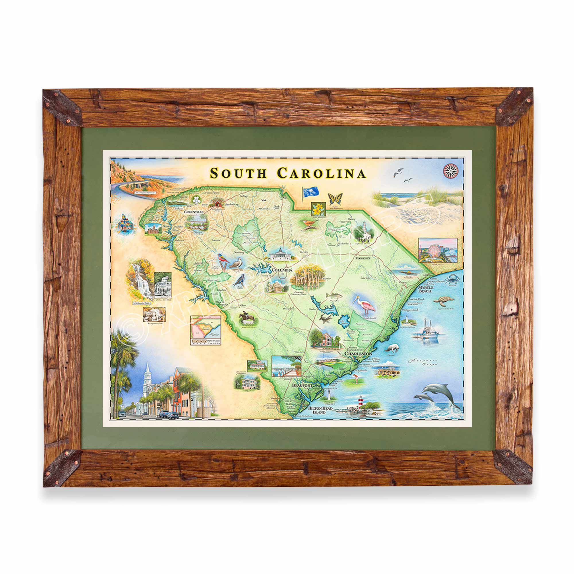 Montana Scraped Pine Frame with Green Mat of South Carolina map by Chris Robitaille features landmarks like Charleston, Myrtle Beach, Hilton Head Island, and Congaree National Park. Highlighting Columbia, Greenville, and more, this 24
