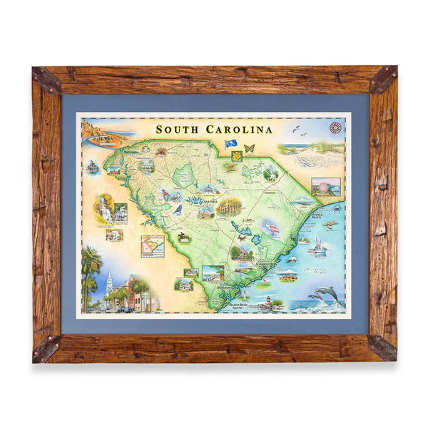Map of South Carolina in a wooden frame on a white background