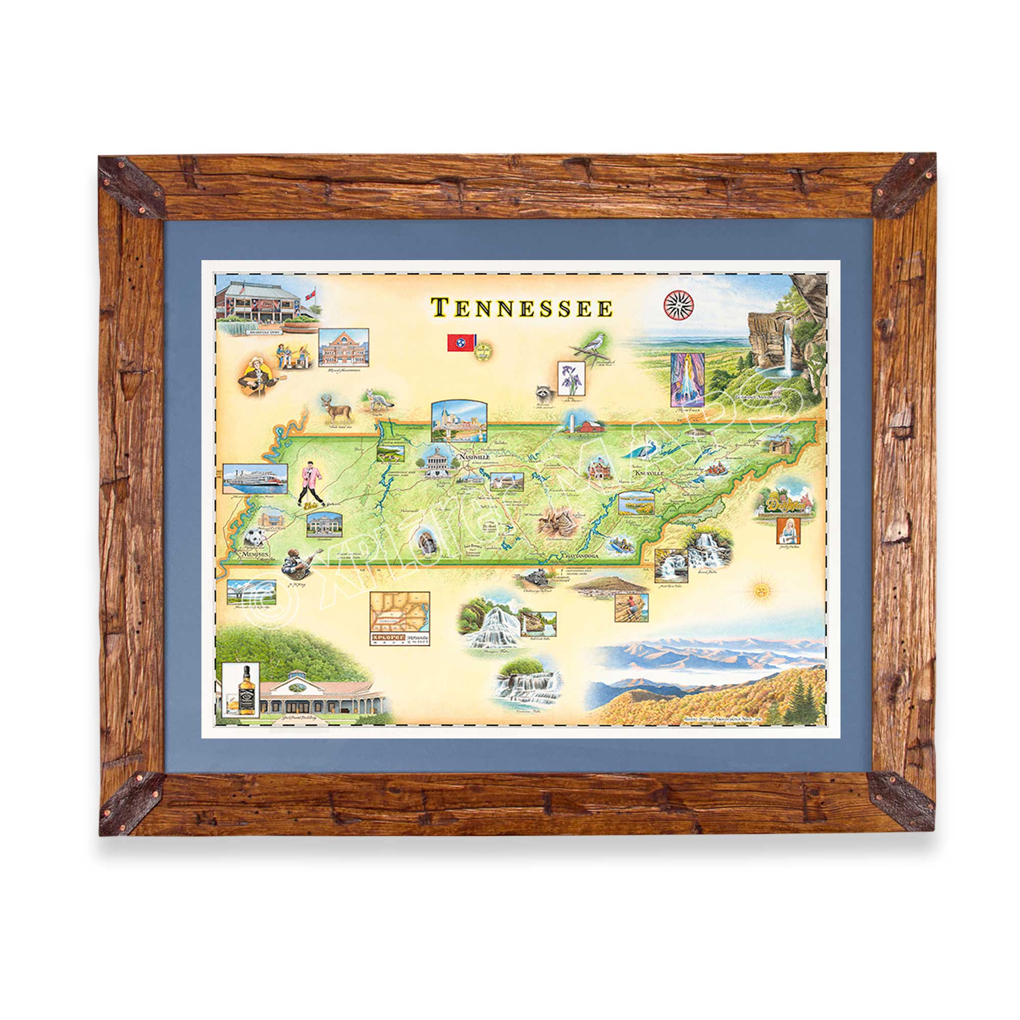 Framed map of Tennessee with wooden frame