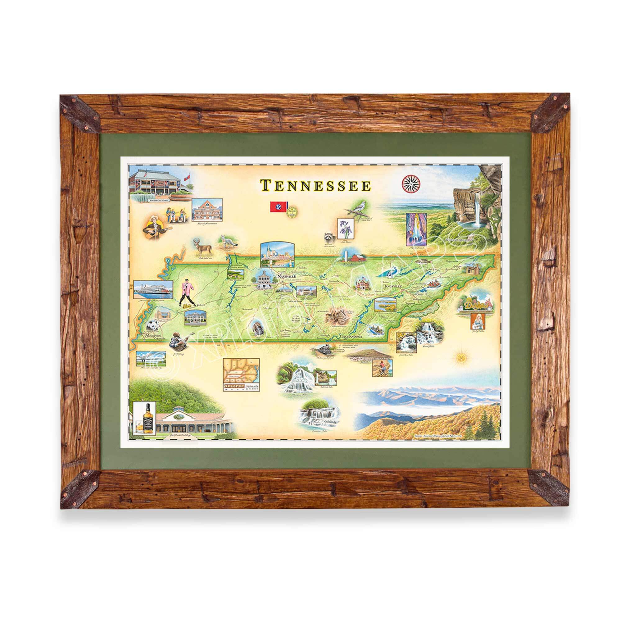  Hand-illustrated Tennessee map by Chris Robitaille features landmarks like the Great Smoky Mountains, Graceland, and Dollywood. Highlighting Nashville, Memphis, and more, this 24