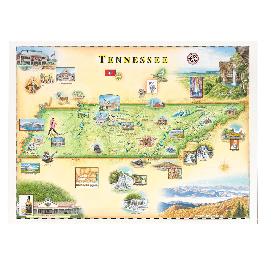This hand-illustrated Tennessee map by Chris Robitaille features landmarks like the Great Smoky Mountains, Graceland, and Dollywood. Highlighting Nashville, Memphis, and more, this 24