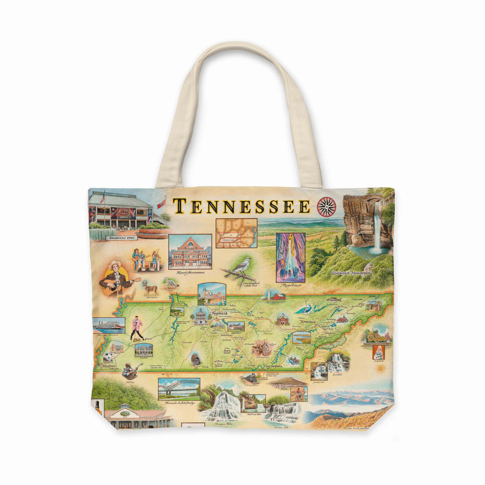 Tennessee Map Canvas Tote Bag featuring hand-drawn illustrations of the state’s landmarks and natural beauty.
