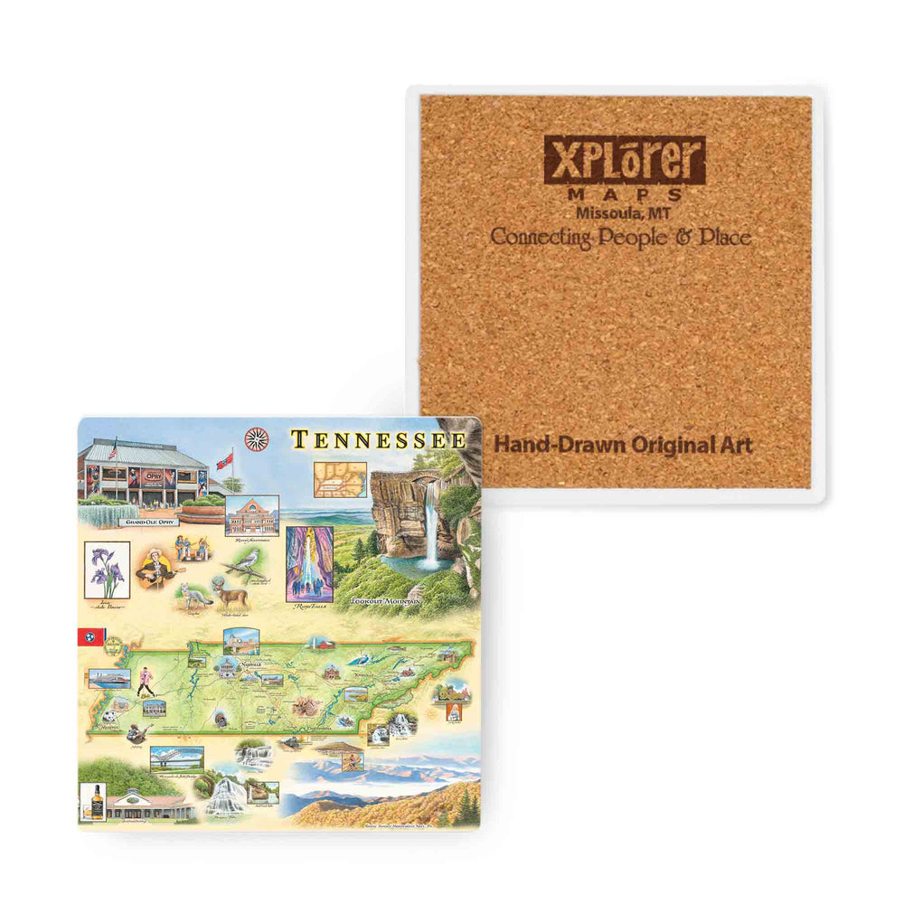 Round Tennessee Map Ceramic Coaster featuring hand-drawn state landmarks with a cork backing.