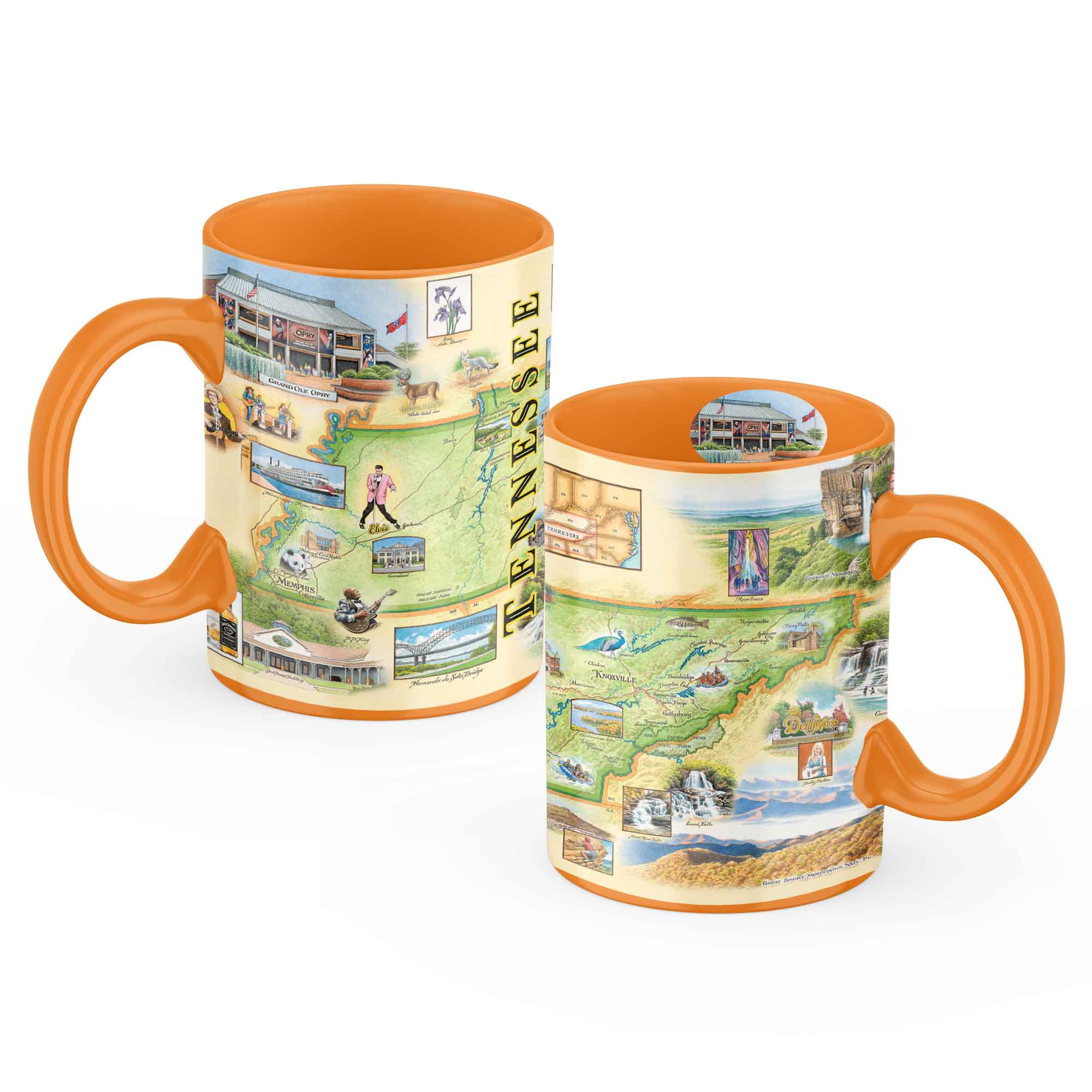 16 oz. Tennessee Map Ceramic Mug featuring hand-drawn illustrations of the state’s landmarks, rivers, and scenic beauty.