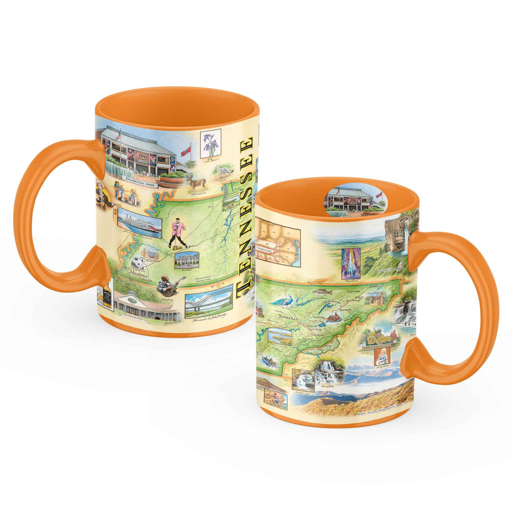 16 oz. Tennessee Map Ceramic Mug featuring hand-drawn illustrations of the state’s landmarks, rivers, and scenic beauty.
