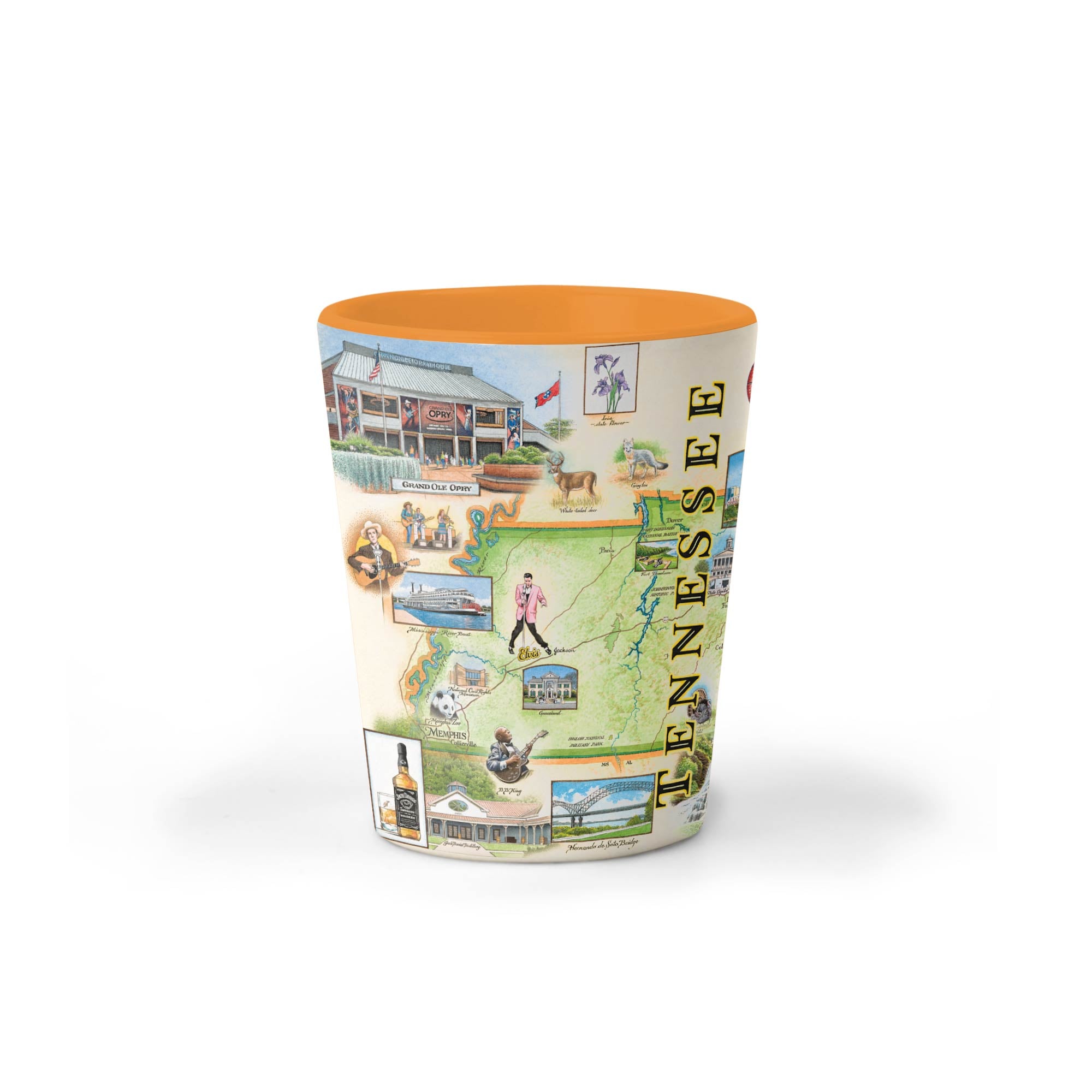1.5 oz. Tennessee Map Ceramic Shot Glass featuring hand-drawn illustrations of the state’s landmarks, rivers, and scenic beauty.