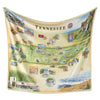 Hanging Tennessee Map Fleece Blanket displaying detailed hand-drawn illustrations of the state's landmarks, rivers, and natural beauty.