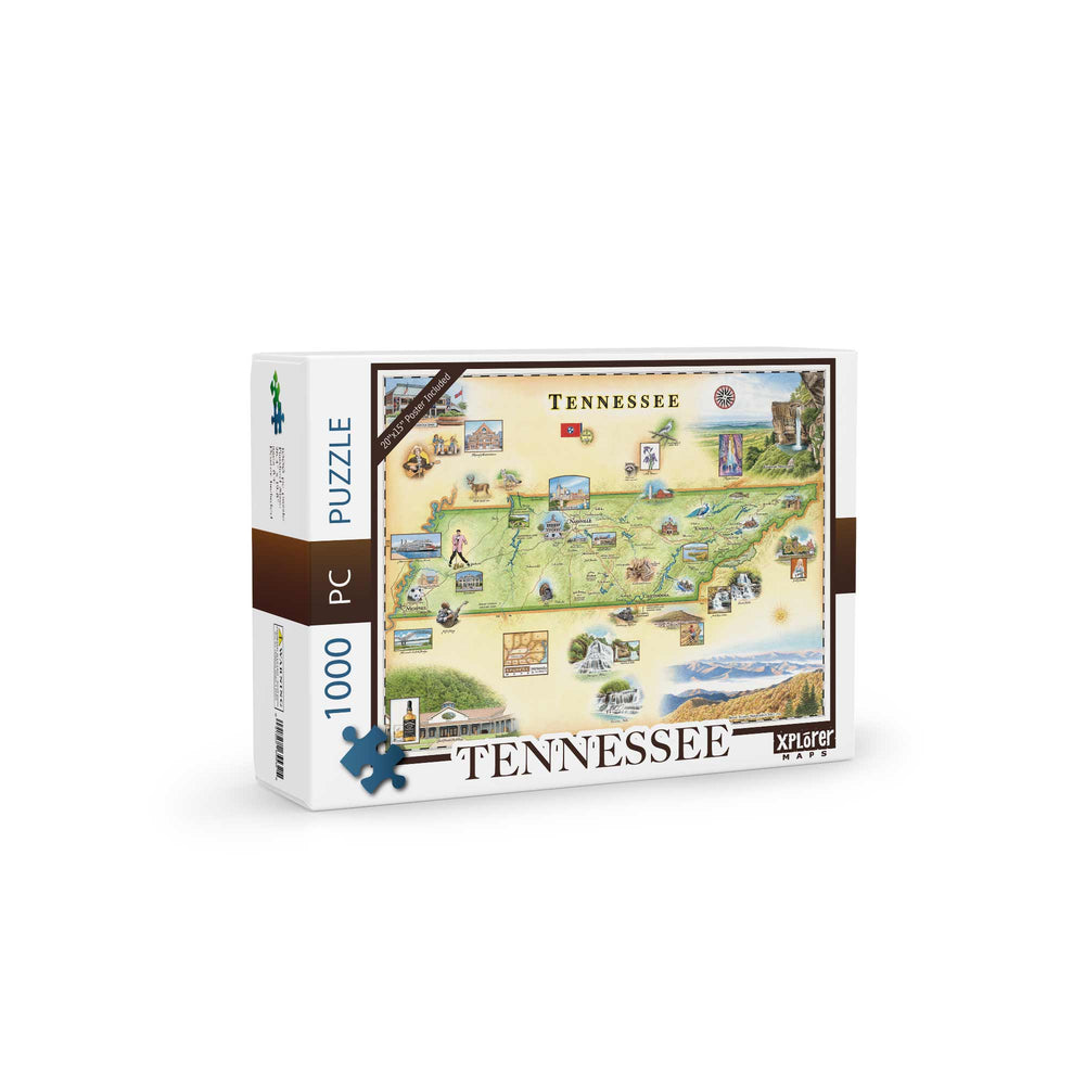 1000-piece Tennessee Map Jigsaw Puzzle featuring hand-drawn illustrations of Tennessee’s landmarks, rivers, and scenic landscapes.