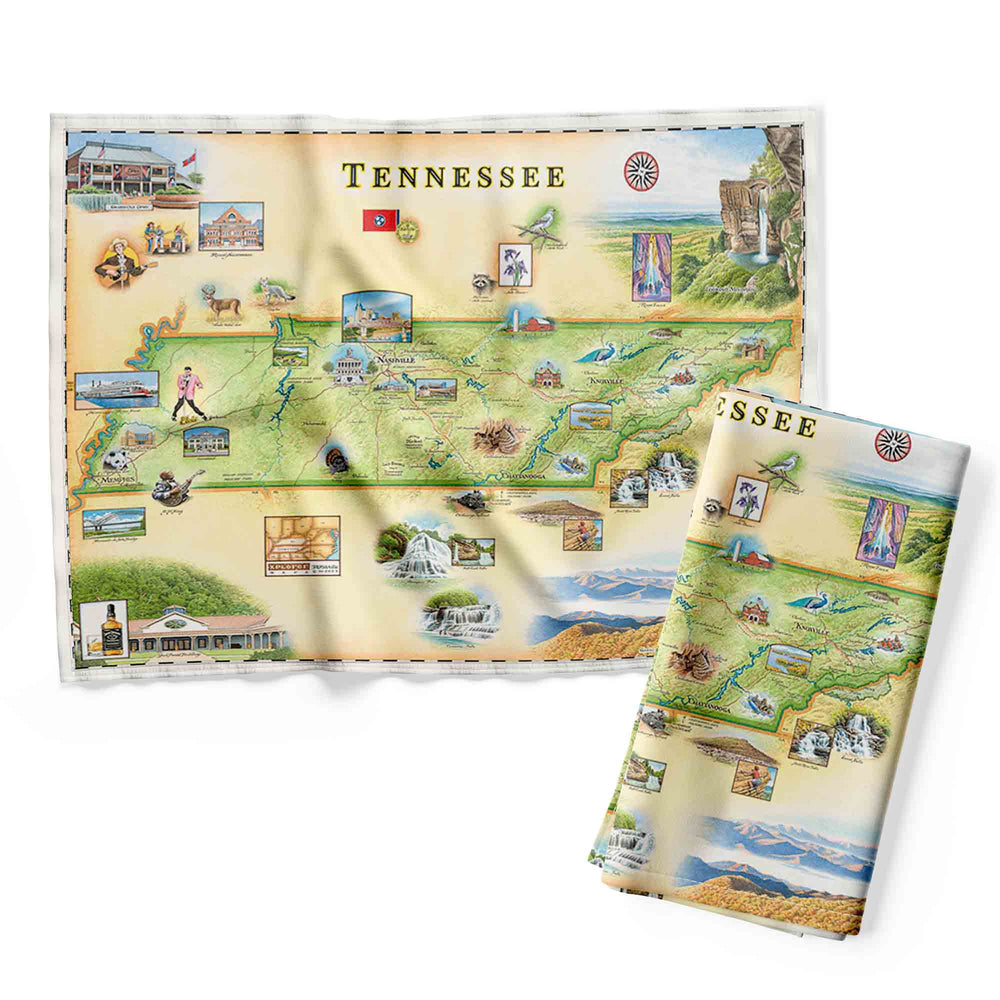 Hand-drawn Tennessee Map Kitchen Towel featuring landmarks, rivers, and natural scenery, made of 100% cotton.