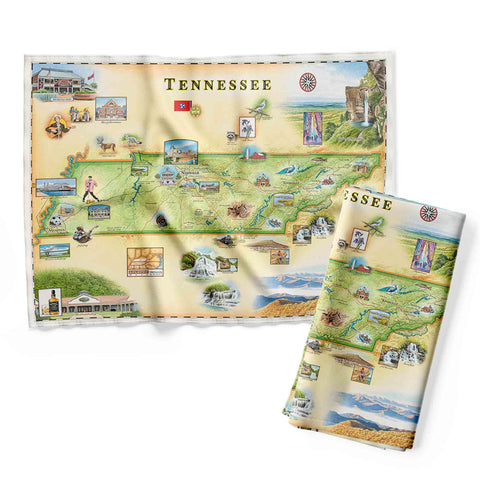 Hand-drawn Tennessee Map Kitchen Towel featuring landmarks, rivers, and natural scenery, made of 100% cotton.