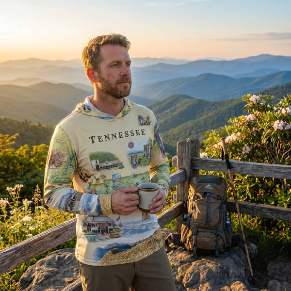 Man in a 'TENNESSEE' hoodie holding a mug with a scenic mountain background