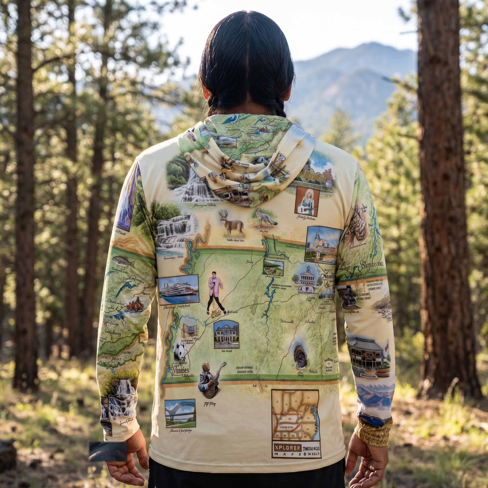 Person wearing a hoodie with a map design of a national park, standing in a forest.