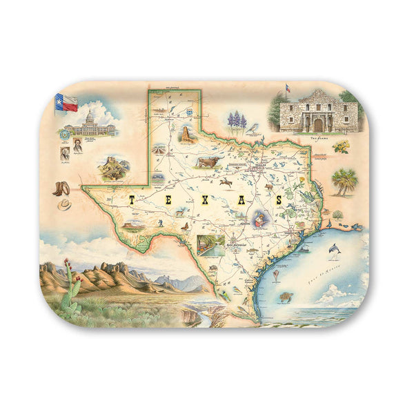 MediumServing Tray with a map of Texas featuring various icons and landmarks.